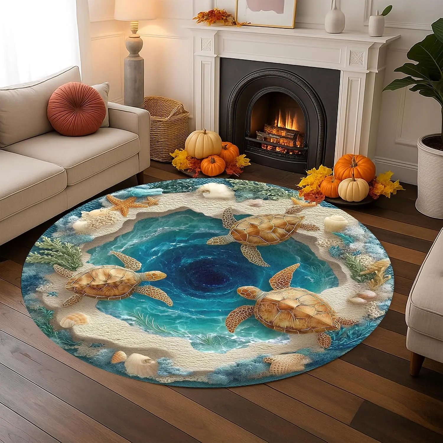 Stained Glass Round Rug Sea Turtle Starfish Carpet Circular Area Rug for Living Room Bedroom Coastal Home Decoration Floor