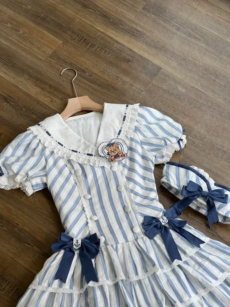 Verão doce lolita vestido de marinheiro para meninas feminino azul branco listra arco plissado em camadas saia puff manga kawaii bonito outfit 2025