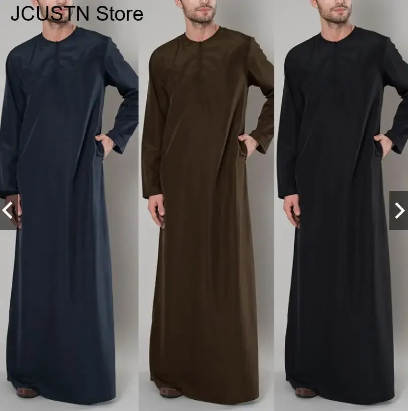 เสื้อเชิ้ตซิป คอกลม แขนยาว เสื้อคลุมอาบายะ สีพื้น ชุดเดรสแบบซาอุดิอาระเบีย ไซส์ใหญ่พิเศษ 3XL 4XL 5XL เสื้อคลุมมุสลิมสำหรับผู้ชาย