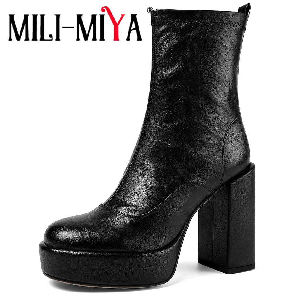 MILI-MIYA Concise Solid Color Design Women Cow Leather Ankle Boots Round Toe Thick Heels Zippers Platform Handmade For Ladies