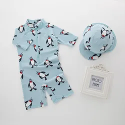 Cute Baby Boys Swimsuit with Cartoon Shark Penguin Print Toddler Bathing Suit Kids Swimwear One Piece Swimming Suit for Children