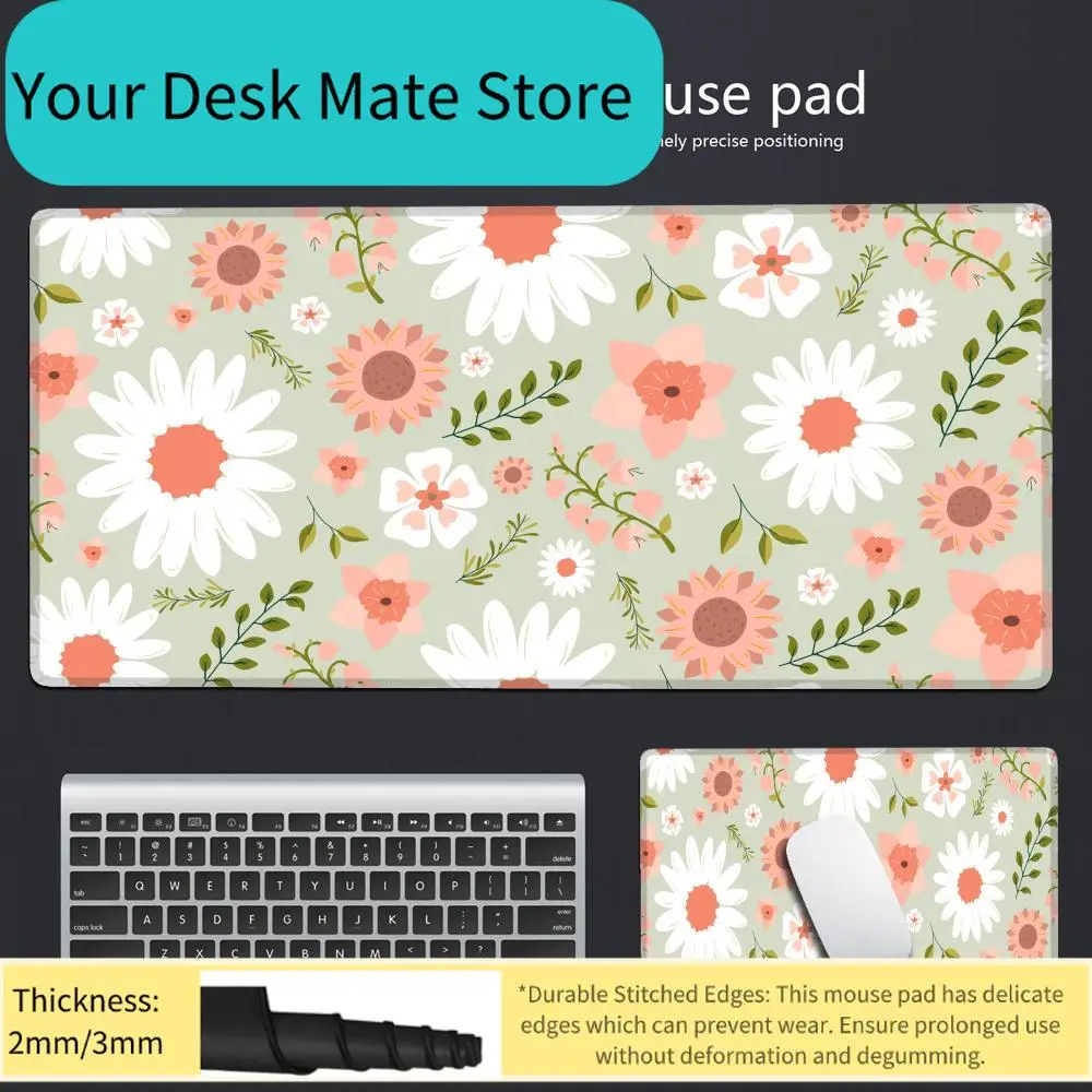 Flower daisy print large mouse pad game accessories anti slip base suitable for e-sports office and home decoration