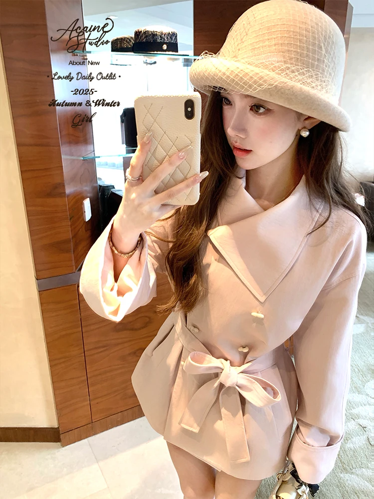 

Pink Flounce Collar Belted Mid-Length Women's Windbreaker Coat Sweet Korean Sle Autumn Outerwear Other Material