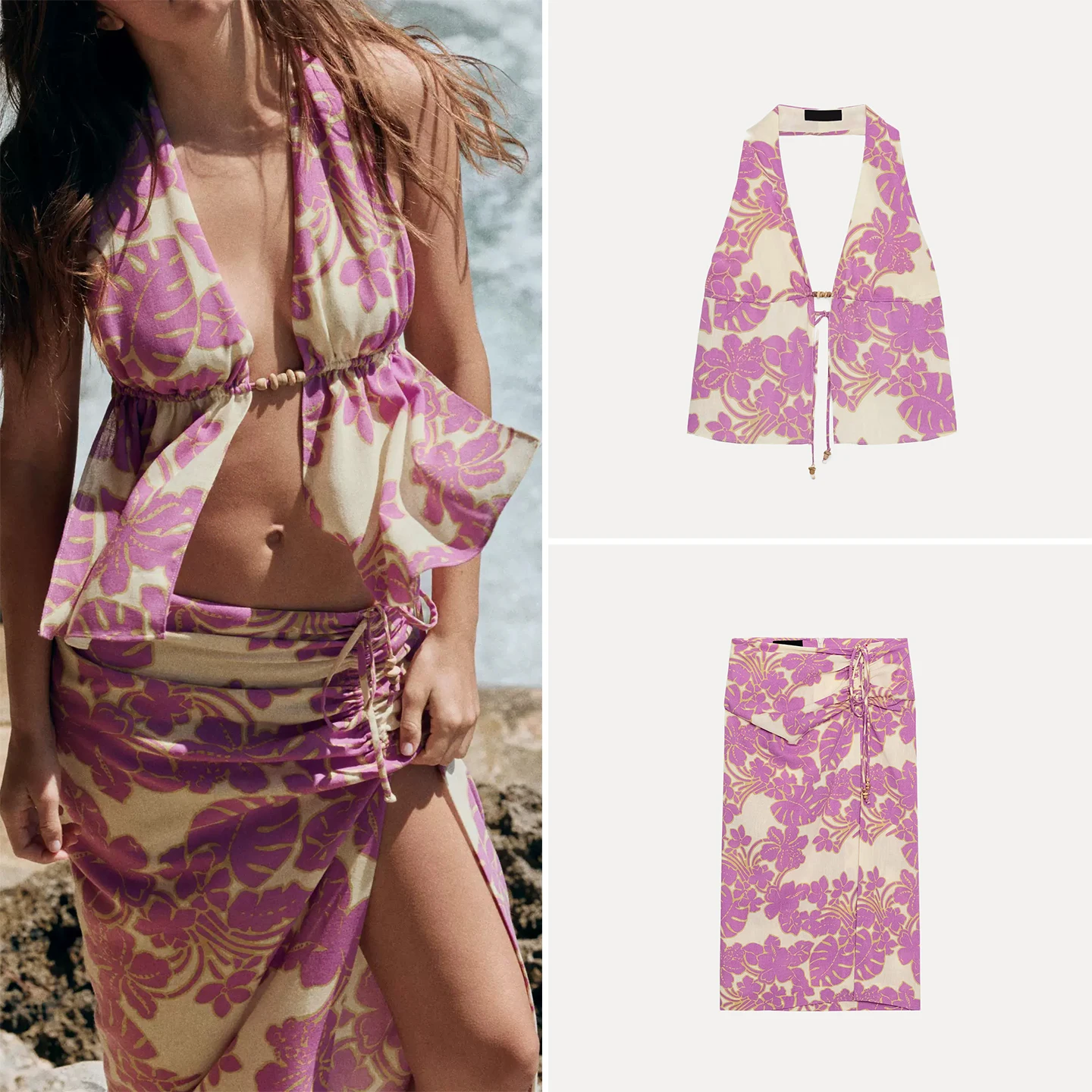 

Summer Vacation Beaded Necklace Split Half Skirt Women's Fashion Set V-neck Mid-waist Gown Floral Patterned Two-piece Suit