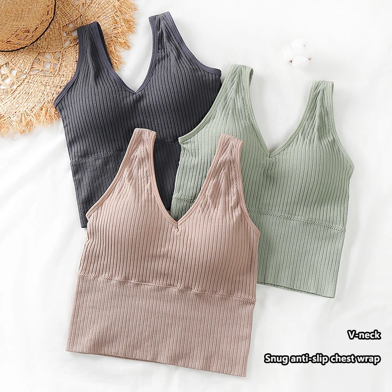 V-Neck Rib Crop Tank Top com almofadas destacáveis, top monocromático sem mangas, sutiã esportivo sem encosto, verão