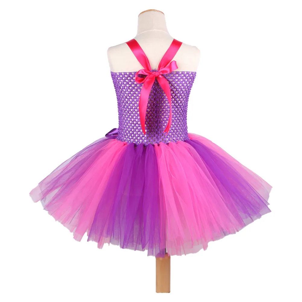 Kids Children Cheshire Cat Cosplay Costume Girls Tutu Dress Pink Purple Cartoon Roleplay Dress Headband Halloween Party  Suit