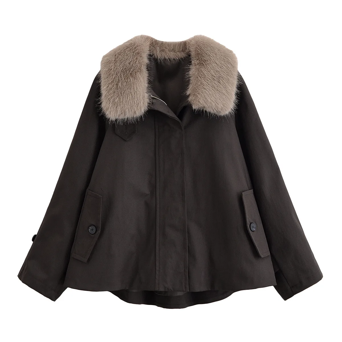 

Autumn/Winter Women's Faux Fur Jacket with Removable Collar Loose Fashionable Casual Lapel Zipper Windproof Outwear