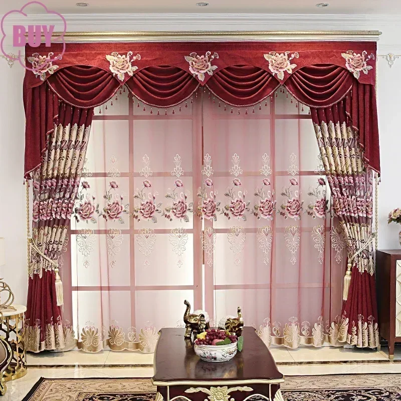 European Style Curtains for Living Dining Room Bedroom Light Luxury Snowy Embroidered Curtains Red Curtain Valance Curtain Tulle