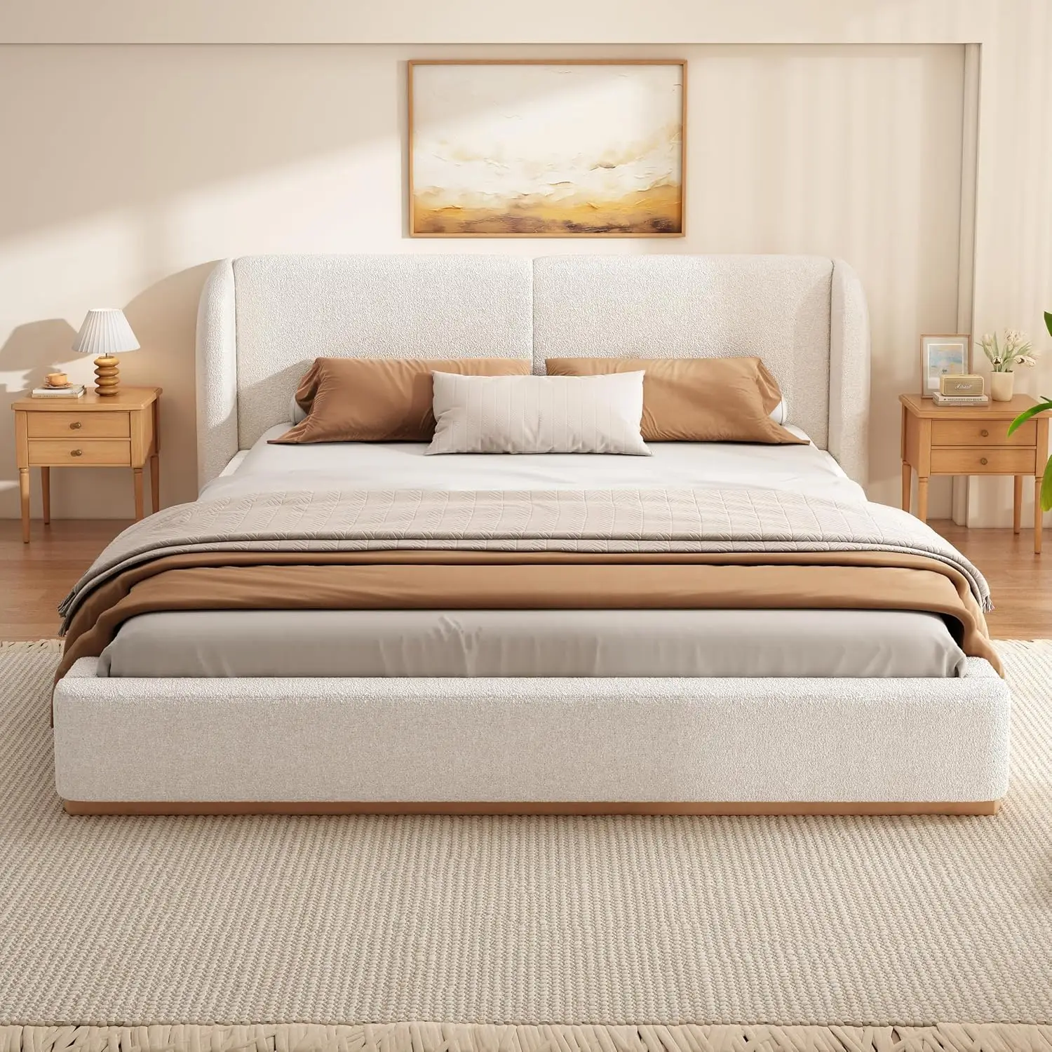 California King Size Upholstered Ground Bed Frame with Boucle Wingback Headboard, Modern White Fabric Platform Bed, Customized
