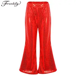 Kids Boys Girls Flares Pants Trousers Shiny Sequins Bell Bottoms Jazz Hip-hop Dance Costumes Performance Disco Partywear