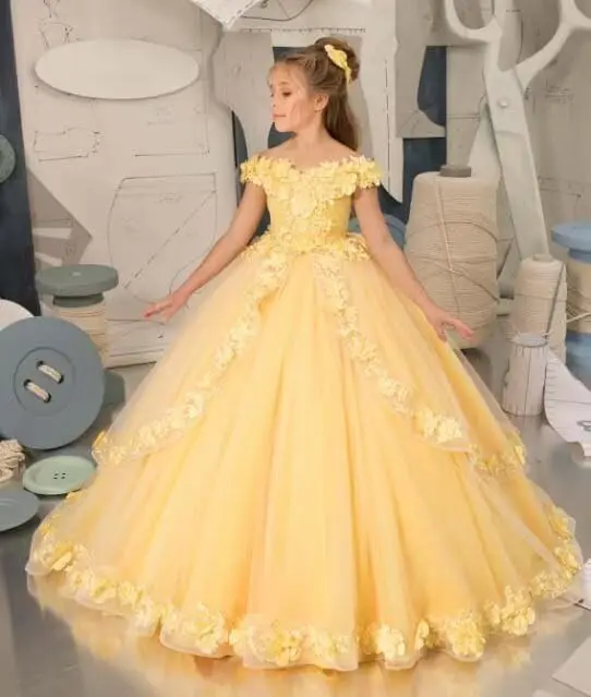 Elegant Chiffon Flower Girl Dress Off The Shoulder, First Communion Dress, with Gorgeous Lace Decals, Birthday Party Dance Dress