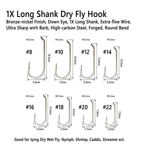 Imagen 2 del producto Wifreo 50/100/200 Uds 1X gancho de mosca seca de ojo de vástago largo anzuelo de atado de ninfa anzuelo afilado de acero al carbono para trucha alambre estándar # 8- # 22