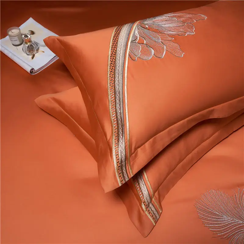 Imagem -02 - Luxo Laranja Algodão Egípcio Conjuntos de Cama Flores Bordadas Colcha Capa de Edredão Lençol de Roupa de Cama Fronhas Arte High-end