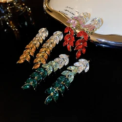 Inlaid Rhinestone Leaf Tassel Earrings for Women Luxury Temperament Drop Earrings Fashion Progressive Color Charm Jewelry