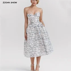 2024 Sexy Flower Print Chest With Wire Strapless Dress Women Low Waist Pleated Ruched Hem Swing Ball Gown Midi Long Party Robe