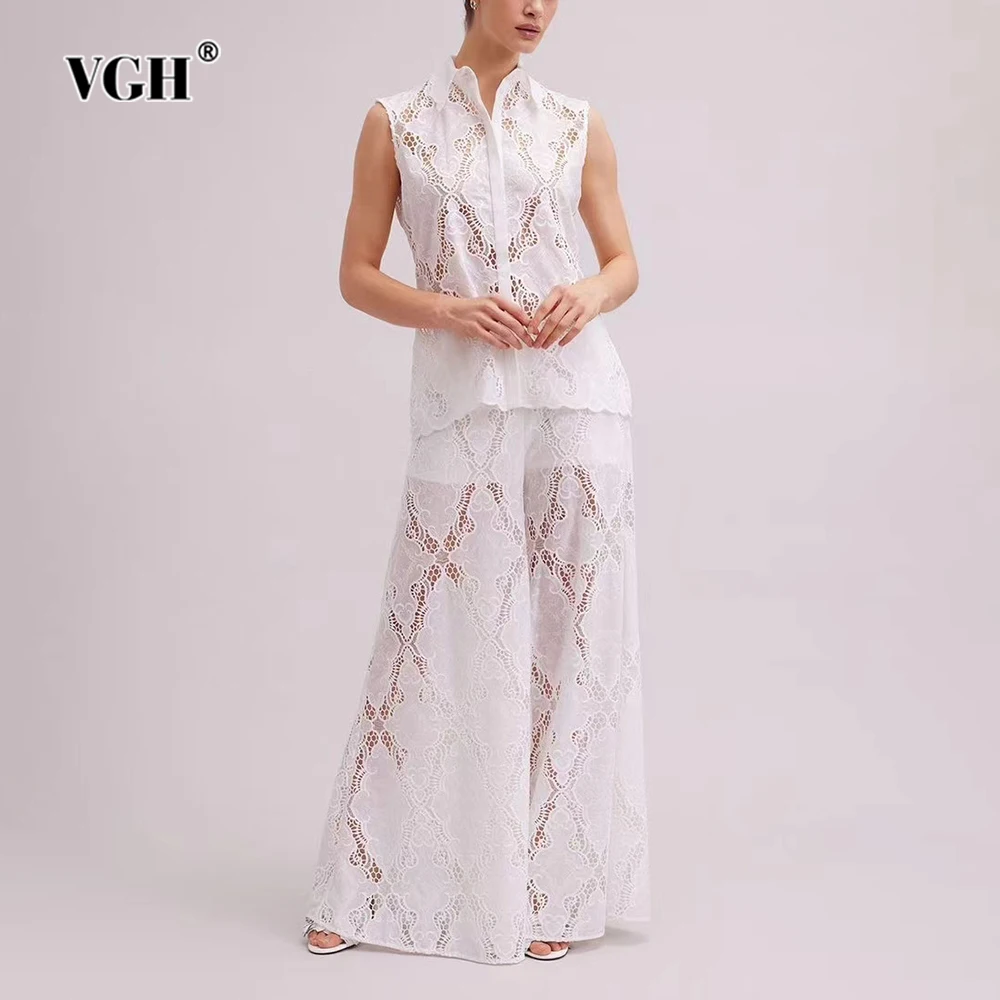 VGH Casual Two Piece Sets For Women Stand Collar Sleeveless Shirts High Waist Loose Wide Leg Pant Minimalist Set Female Style