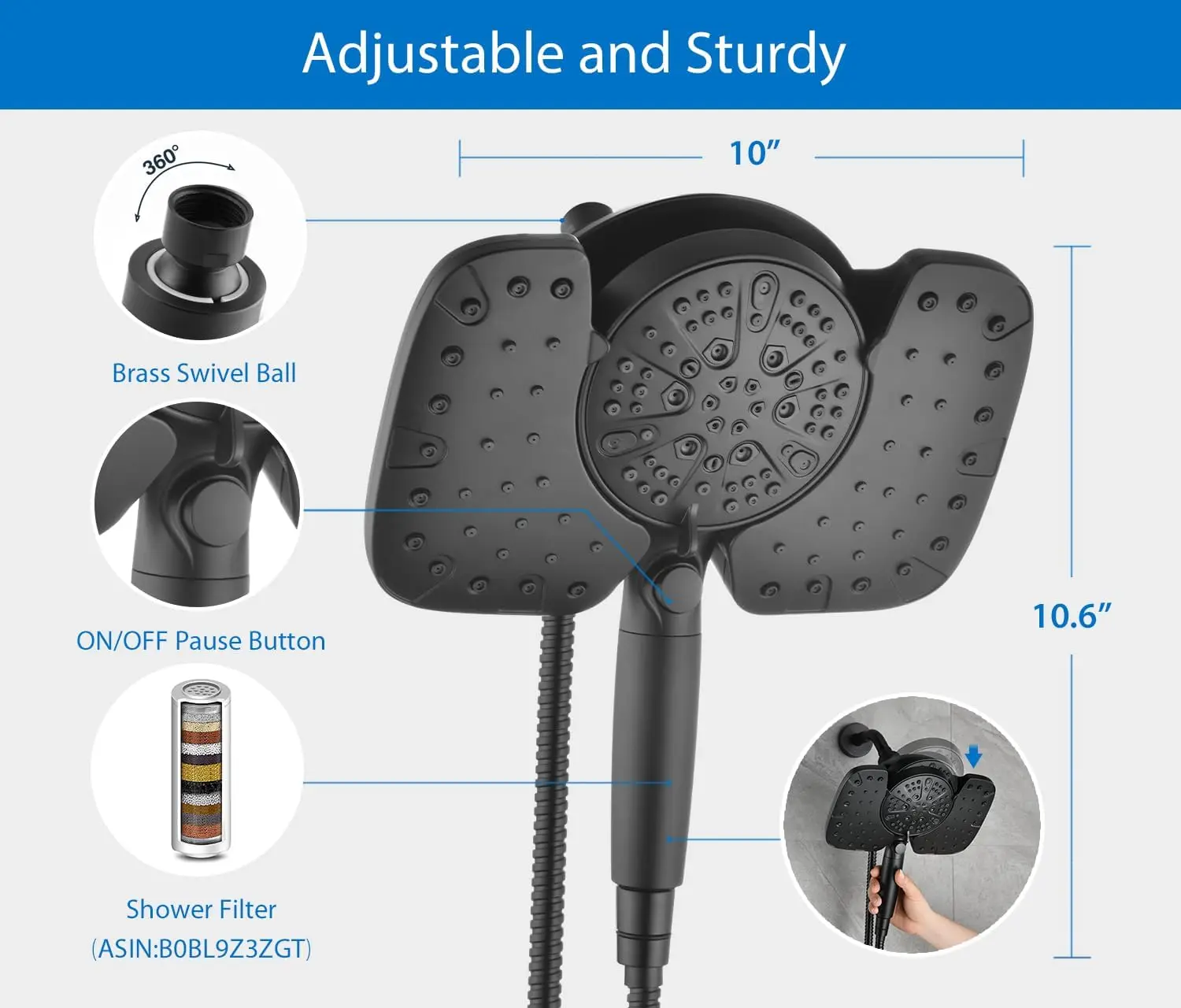 2.5GPM Rainfall Shower Head Combo with Handheld Spray, 9 Settings & Filter
