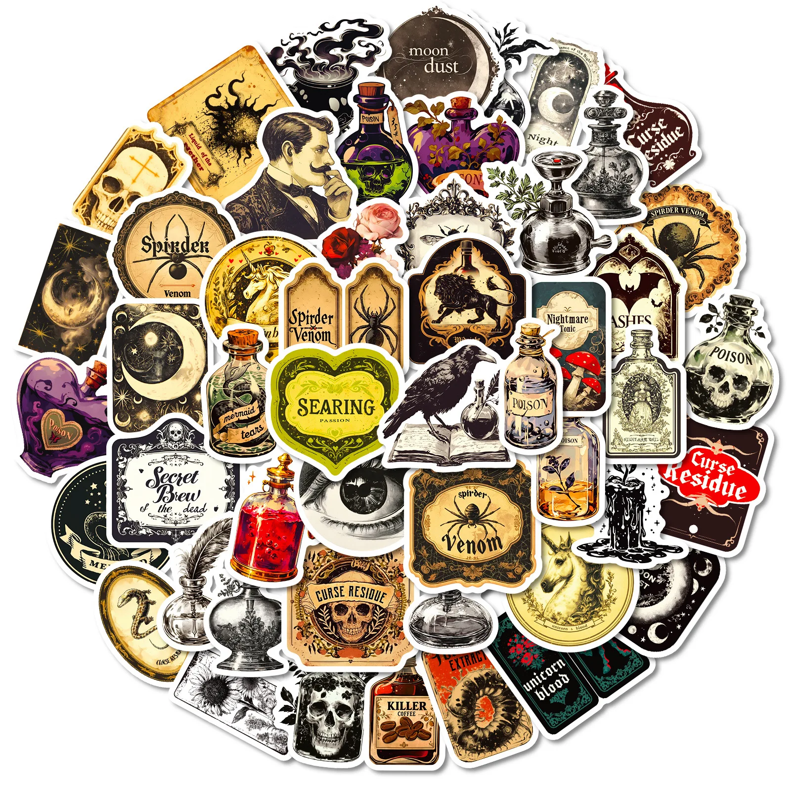 50 قطعة من ملصقات الكتابة على الجدران الصيدلي الإرهاب الجمجمة العنكبوت الغراب الكرتون الرجعية ملصقات الزخرفية شخصية