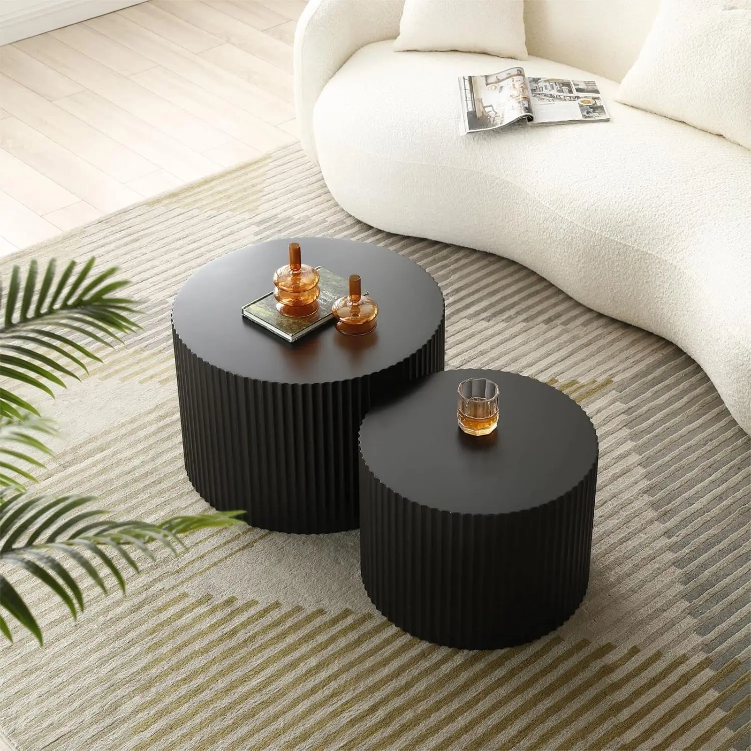 Round Coffee Table Set of 2 Nesting Coffee Table Modern for Living Room, Black