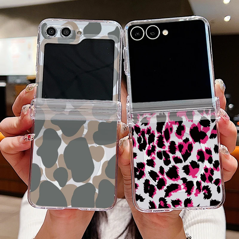 Cow Leopard Print Pattern Magnetic Phone Case For Samsung Galaxy Z Flip 8 7 6 5 4 Flip7 FE Flip6 Flip5 For Magsafe Hard PC Cover