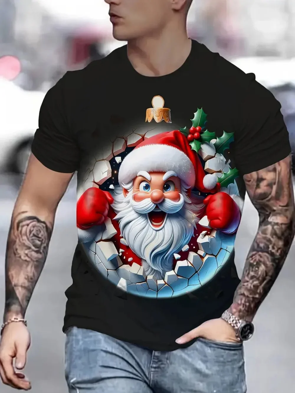 2026 Fashion Men's 3D Santa Claus Printed T Shirt Cracked Wall Effect Crew Neck Short Sleeve Christmas Funny Graphic Tee Tops