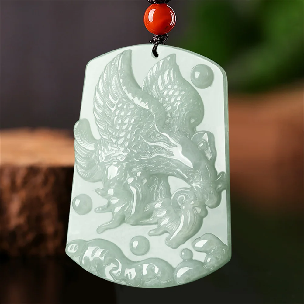 Natural Ice Green Jadeite Carved Fierce Eagle Success Lucky Pendant Amulet Necklace Certificate Luxury Jade Vintage Jewelry Gift