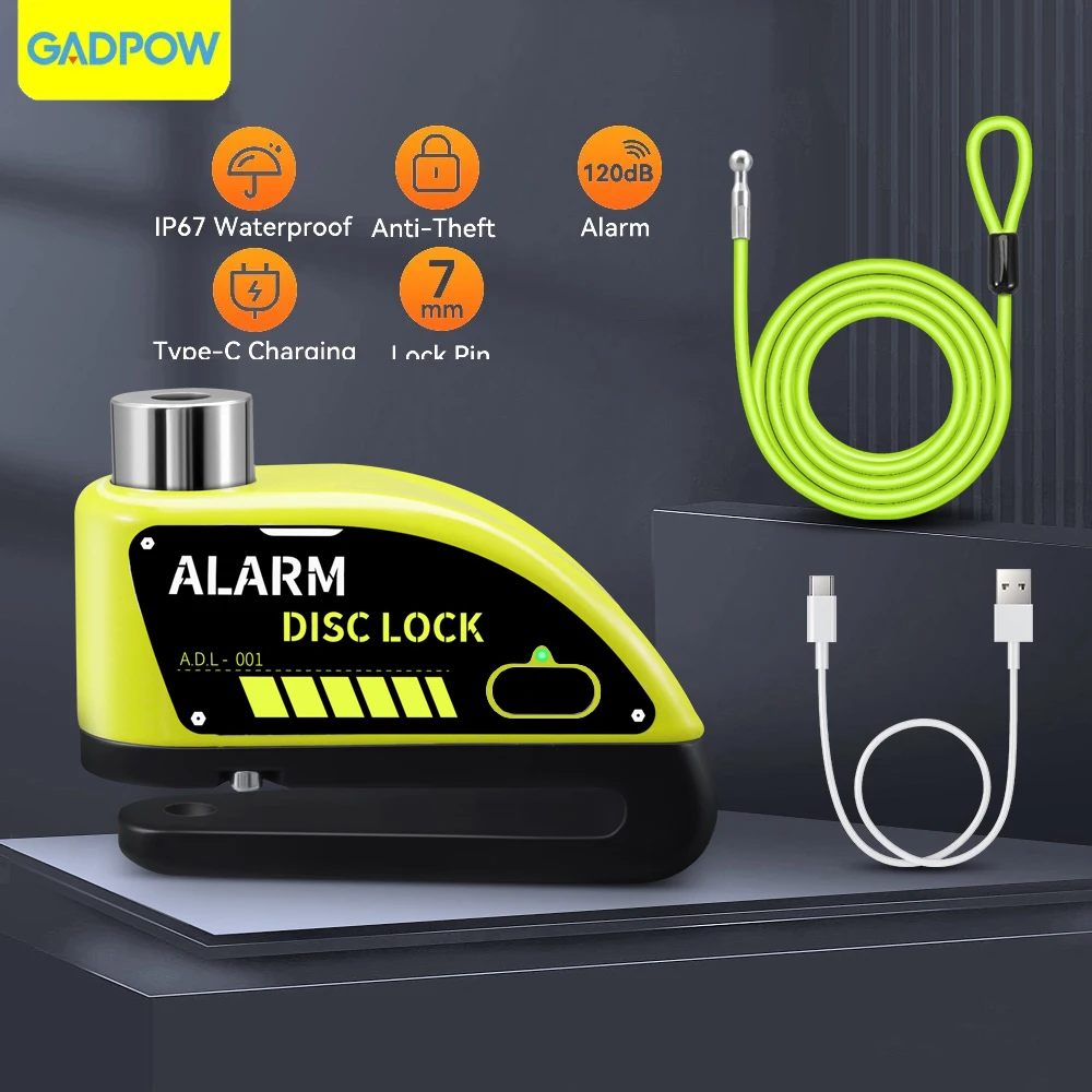 Gadpow Rechargeable Padlock for Motorcycle Alarm Disc Lock 130db Anti-Theft Alarm for Motorcycle Bike Alarm for Moto