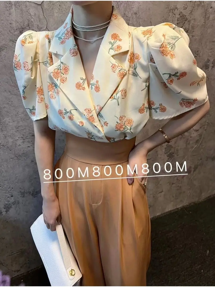 

2023 Summer Korean Floral Blouse for Women French Vintage Style Unique Design Shirt with Suit Collar Elegant Chic Top Fashion