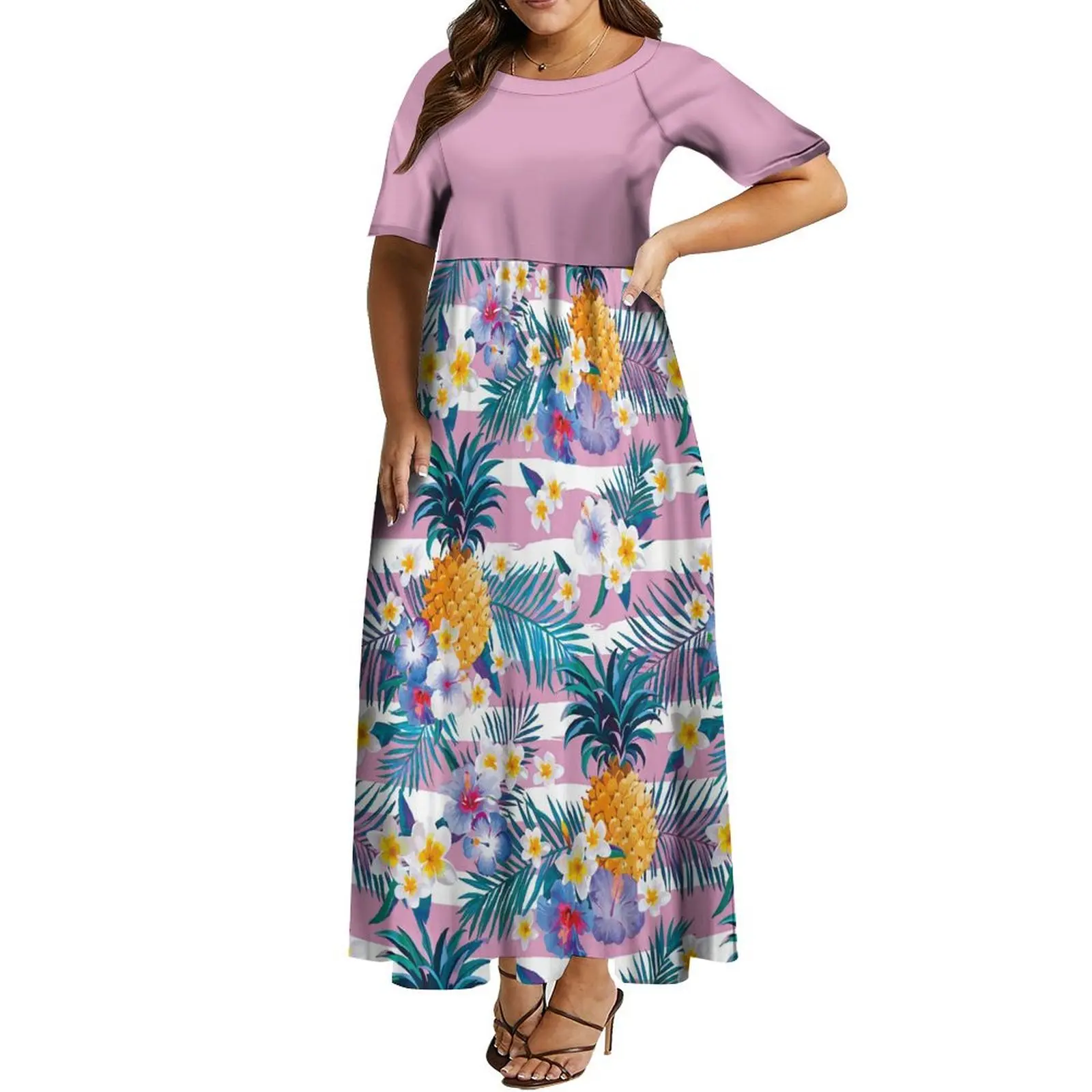 Coppia di Rose rosa polinesiane Set abito samoano personalizzato per donna con motivo floreale e camicia Aloha hawaiana per uomo