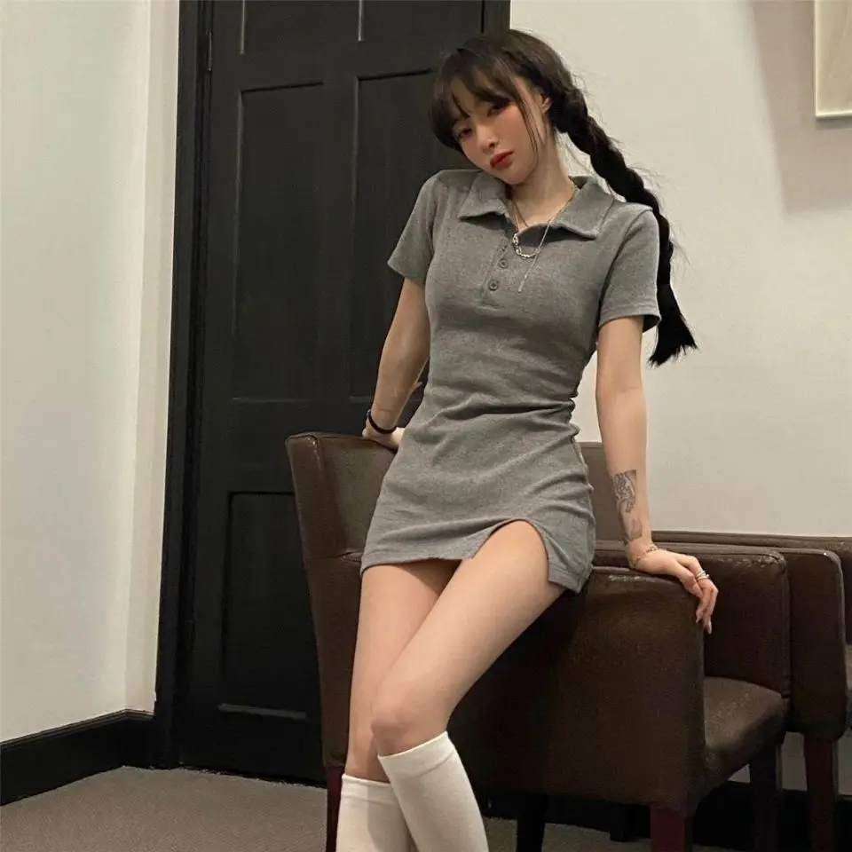 Pure Desire Solid Color POLO Collar Dress Women Summer New Slim Appear Thin Forking Short Sleeved Comfortable All-match Skirt