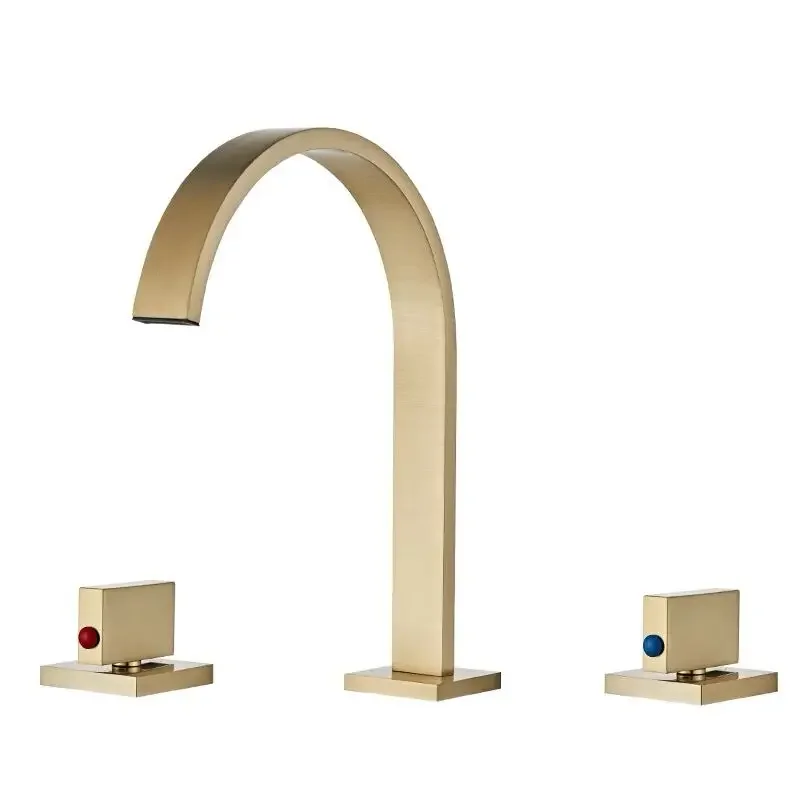 Brass Basin Faucet Brushed Gold Sink Tap Gold Square  Faucet Bathroom Sink Faucet 3 Hole Double Handle Hot And Cold Water Tap