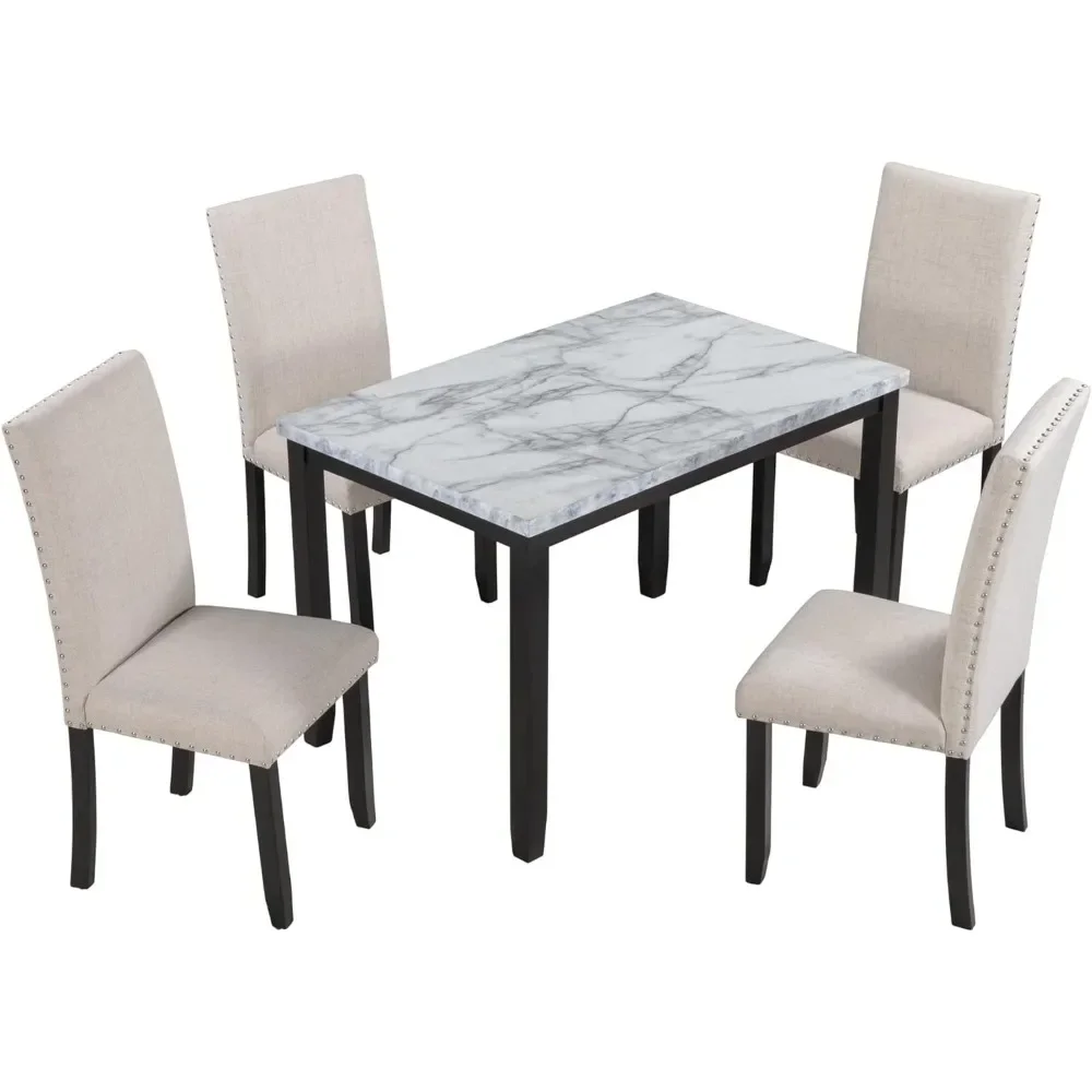 5-piece dining table set, artificial marble tabletop, and 4 thick cushioned chairs for restaurant furniture, white and black