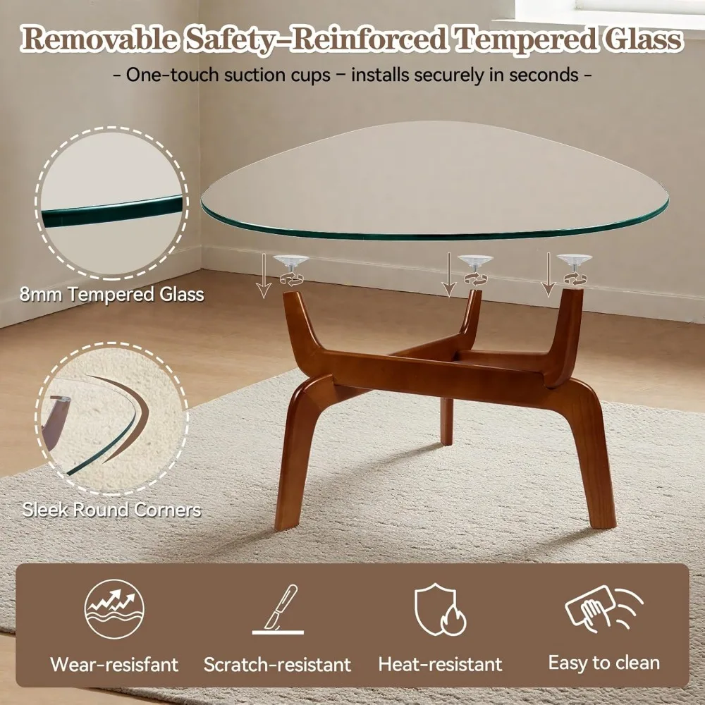 Contemporary Tempered Glass Coffee Table with Rubber Wood Triangle Base for Living Spaces