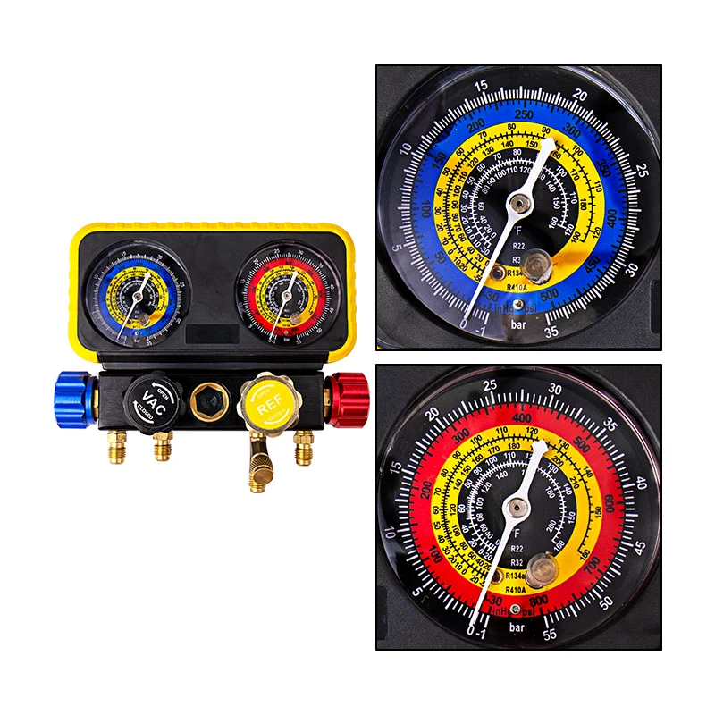 Automotive Air Conditioning 4 Way Manifold Pressure Gauge Kit R22 R32 R410a R134a Refrigerant Pressure Maintenance Equipment Kit