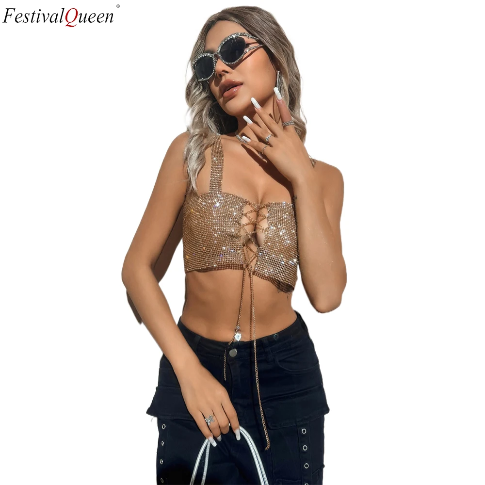 

FestivalQueen Sequin Strap Top Chain Crop Top Sheer Sequined Spaghetti Strap Top Sexy Sleeveless Cami Top For Summer Women's Clo