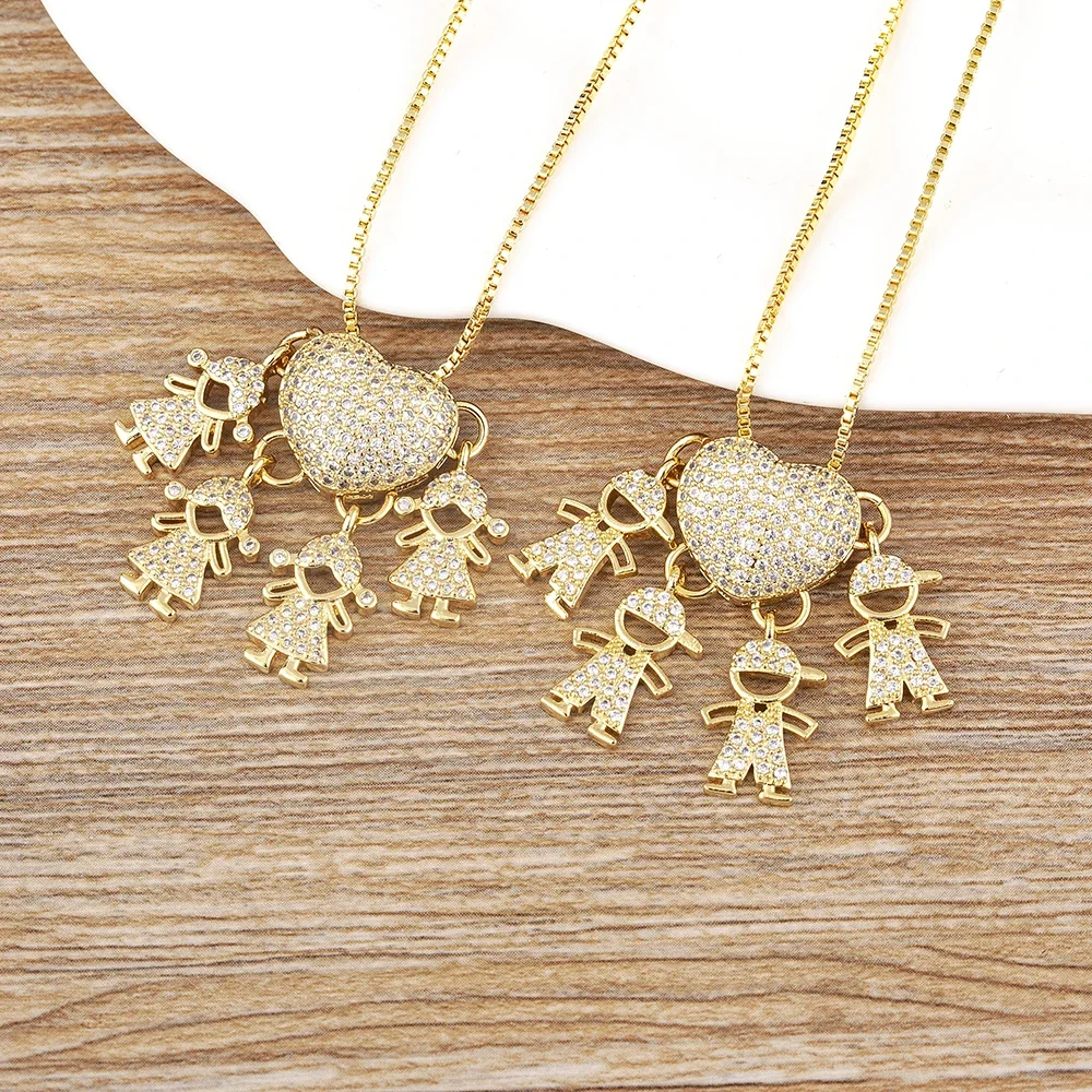 Hot Sale Pave Zircon Heart Necklace With Charm Family Themed Jewelry Dainty Chain Pendant For Women Daily Wear