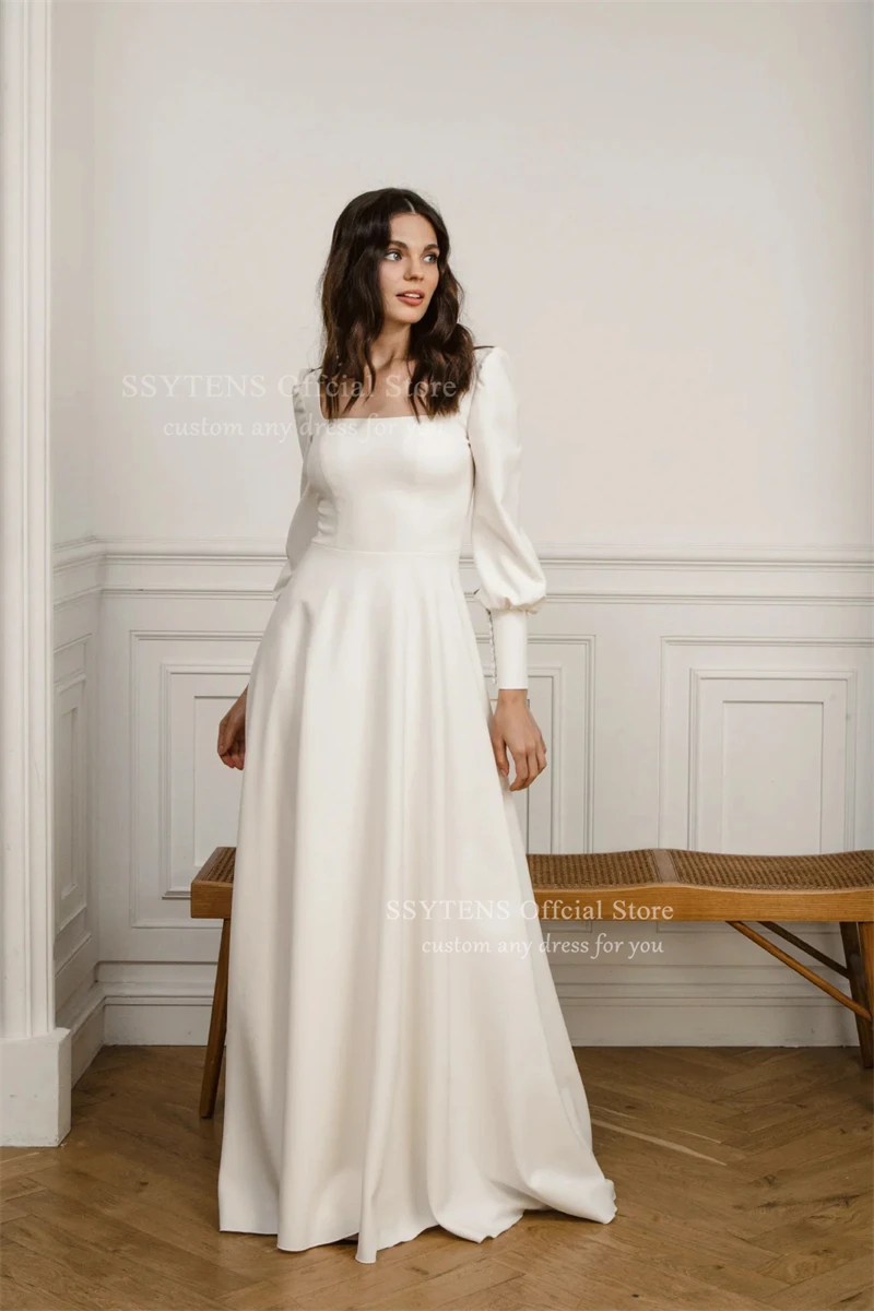 SSYTENS élégant col carré une ligne robes de mariée manches longues longue robe de mariée femme dos ouvert plis robe de mariée personnalisée