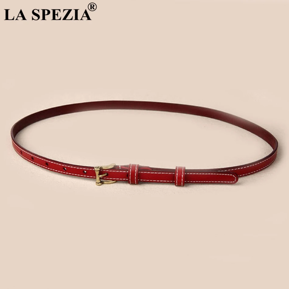 LA SPEZIA Thin Belt Women Real Leather Cowhide Pin Belt Ladies Camel Classic Genuine Leather Brand Female Narrow Jeans Belts