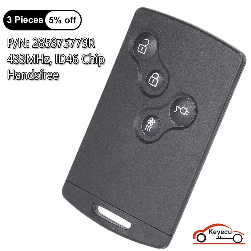 KEYECU 4 Buttons 433MHz ID46 Chip for Renault Zoe Megane 3 Laguna 3 Scenic Fluence Handsfree Smart Remote Key Fob 285975779R