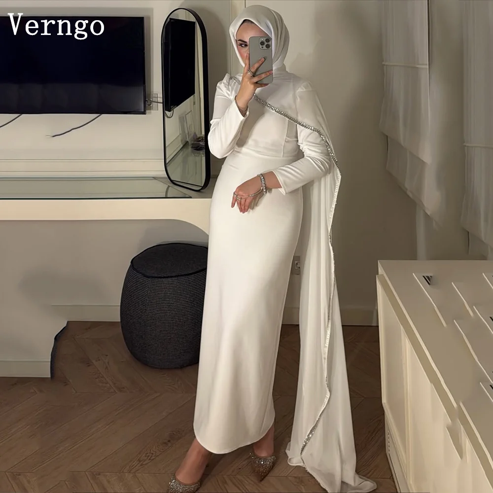 Verngo Modest Satin Sequined Wedding Dress High Neck A Line Bridal Gowns Shawl Elegant Classy Bride Dresses Customized