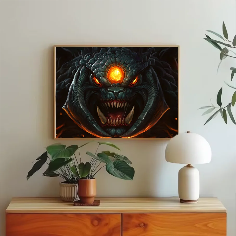 3D Dark Fantasy Monster Demon Poster Canvas Print Glowing Orange Eye Sharp Fangs Home Decor Living Room Bedroom