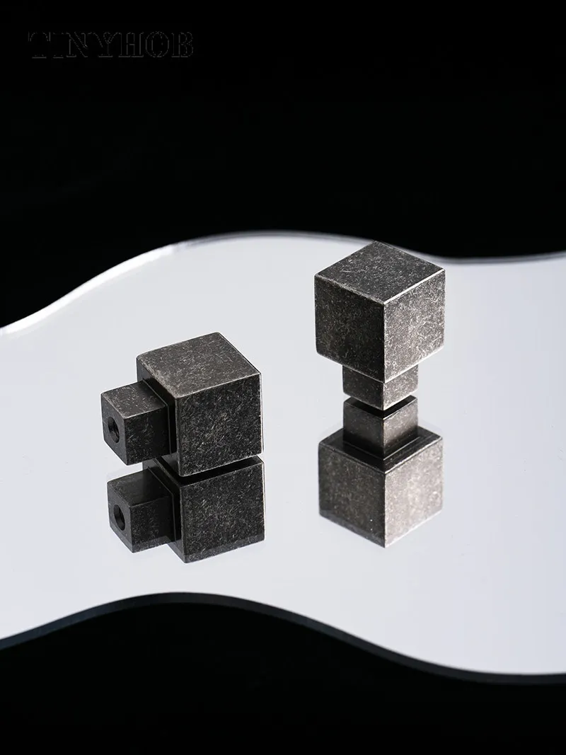Minimalist Cube Cabinet Handles - Single Hole Vintage Brass Pulls in Antique Gray for Industrial Decor