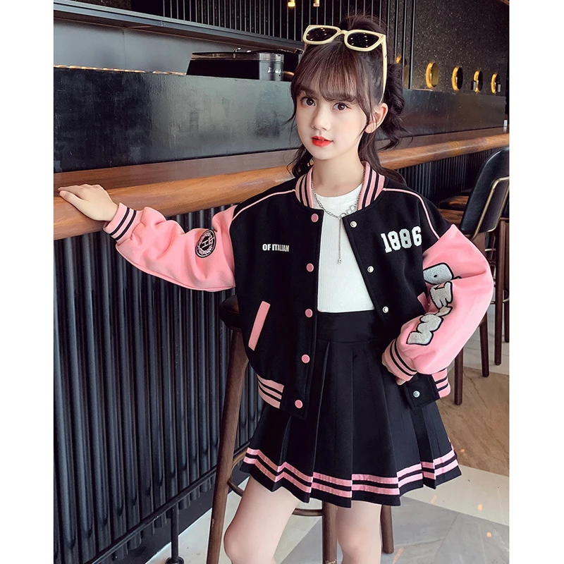 4 5 6 8 10 12 14Y Junior Girls Baseball Suit Spring  Autumn Fashion Splicing Letters Print Coats+Pleated Skirt 2Pcs Student Set