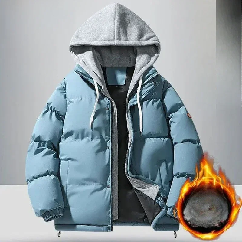 Warm Foreign Cotton Clothing Jacket Fake Two-piece Hooded Bread Suit for Men and Women with Cashmere Small Cotton-padded Jacket