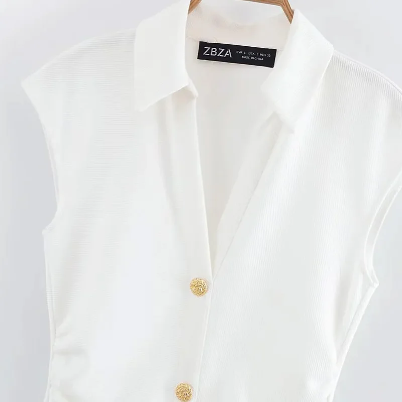 HXAO camisa fruncida vestidos por debajo de la rodilla 2025 mujer verano sin mangas vestido blanco negro mujeres ceñido al cuerpo elegante vestido Casual de mujer 088