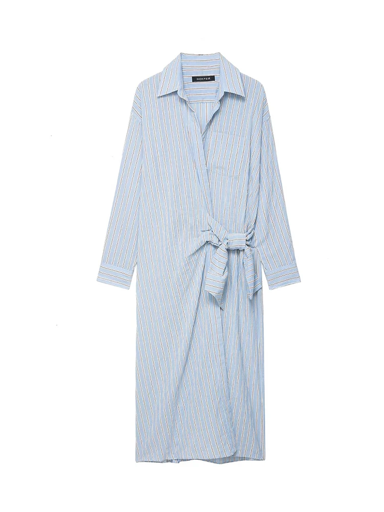 TFMLN Gestreepte Blauwe Shirt Jurk Voor Vrouwen Chic Side Tie Lange Mouw Midi Jurken 2025, Nieuwe Casual Elegante Vrouwelijke Lange Jurk