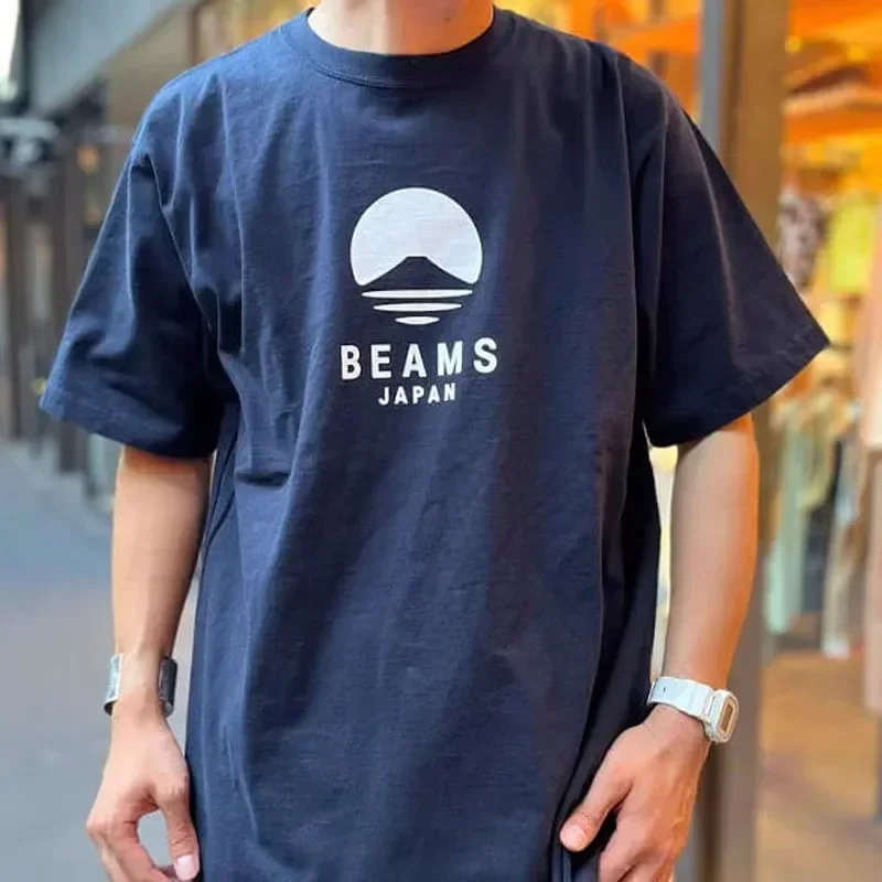 BEAMS 25SS Summer Loose Crewneck Short Sleeve T-Shirt Unisex Classic Mount Fuji Print Red String Pure Cotton