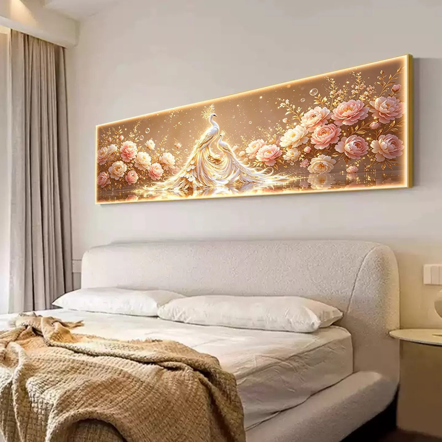 Luxurious Peacock Peony Bedhead Decoration Painting Master Bedroom Pink Blossoms Wealthy Bedroom Horizontal Version