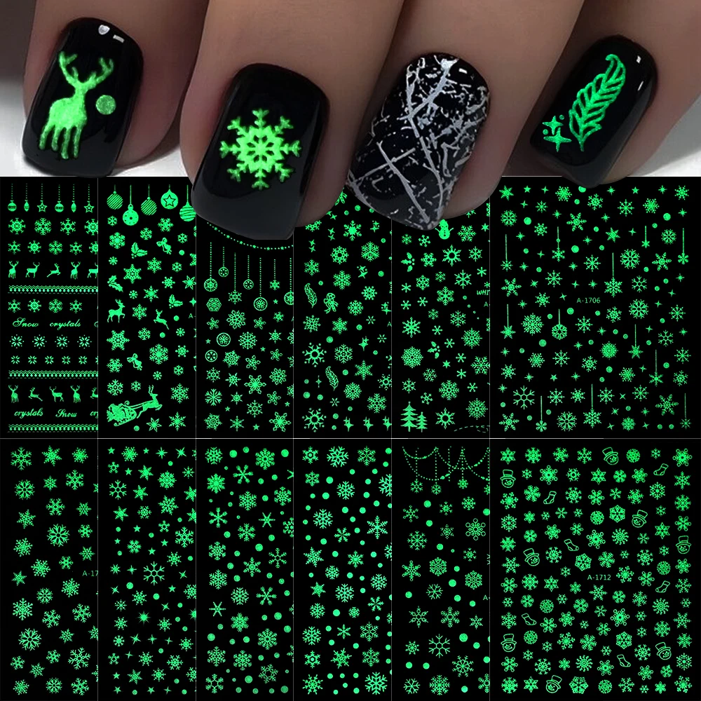 1Pc Lichtgevende Kerst Sneeuwvlokken Nail Stickers Glow In The Dark Sneeuwpop Elanden Stickers 3D Winter Nieuwjaar manicure Sliders