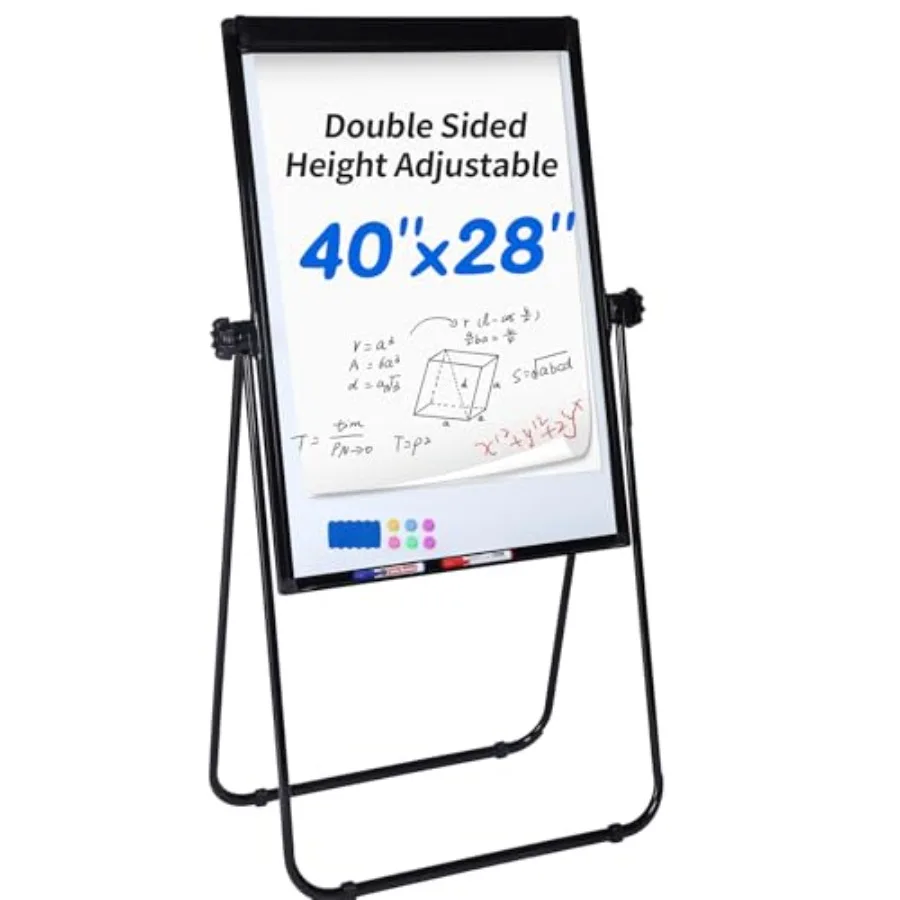 

Двусторонняя магнитная доска для сухого стирания 40x28 дюймов на U-образной подставке с флипчартом и блоком бумаги на 25 листов - регулируемая по высоте